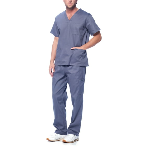 Dagacci Medical Uniform Unisex Men and Women V-Neck Utility Cotton Scrub Set (Pewter Gray,M)