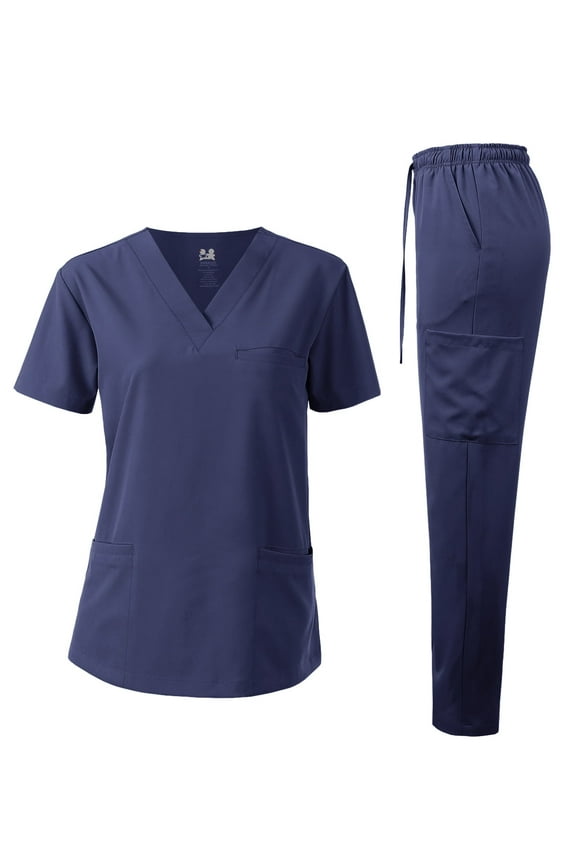 Medical Uniform V-Neck 4-Way Stretch Scrub Set, Navy, L (Unisex)