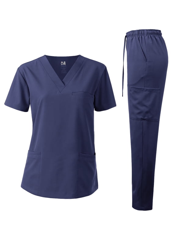 Medical Uniform V-Neck 4-Way Stretch Scrub Set, Navy, L (Unisex)