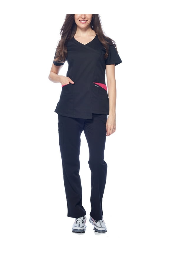 Medical Uniform Women's Colorblock V-Neck Natural Stretch Scrubs Set (Black,XL)