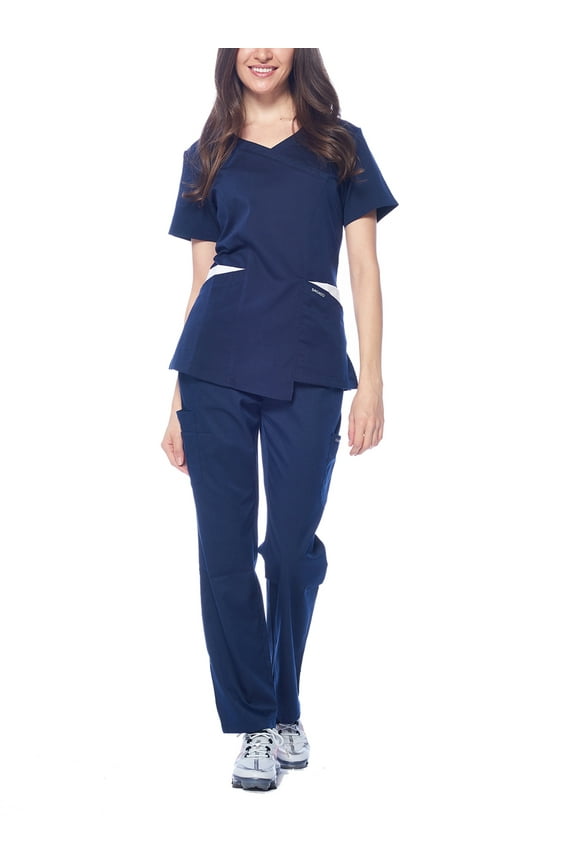 Medical Uniform Women's Colorblock V-Neck Natural Stretch Scrubs Set (Navy,L)
