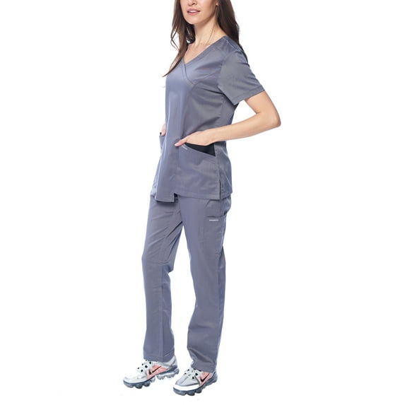 Dagacci Medical Uniform Women's Colorblock V-Neck Natural Stretch Scrubs Set (Pewter Gray,L)