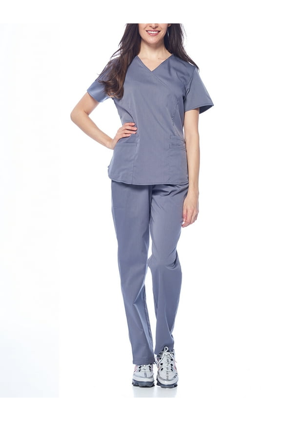 Medical Uniform Women's Fitted Y Neck Natural Stretch Scrub Set (Pewter Gray,XS)
