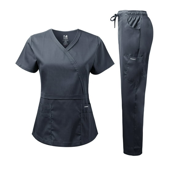 Dagacci Medical Uniform Women's Scrub Set Natural Stretch Y-Neck Stitch Tape Top and Pants (Navy,Large)