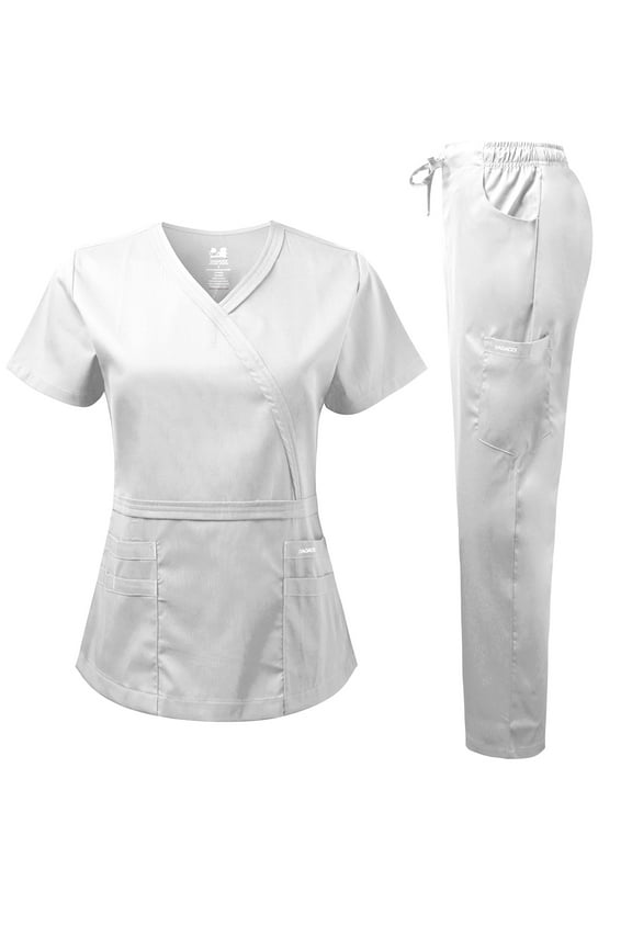 Medical Uniform Women's Scrub Set Natural Stretch Y-Neck Stitch Tape Top and Pants (White,Large)