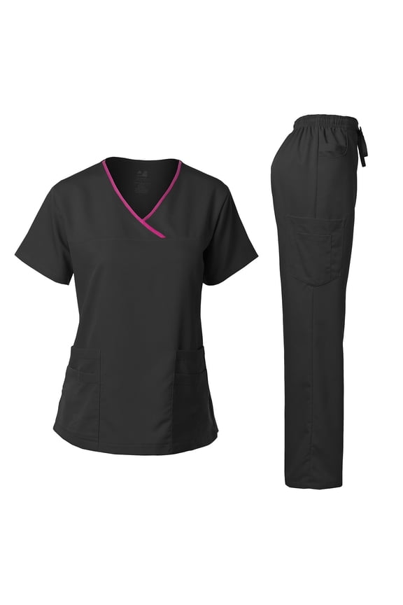 Medical Uniform Women's Scrub Set Stretch Contrast Binding Top and Pants (Black, Small)