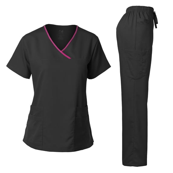 Dagacci Medical Uniform Women's Scrub Set Stretch Contrast Binding Top and Pants (Black, XX-Small)