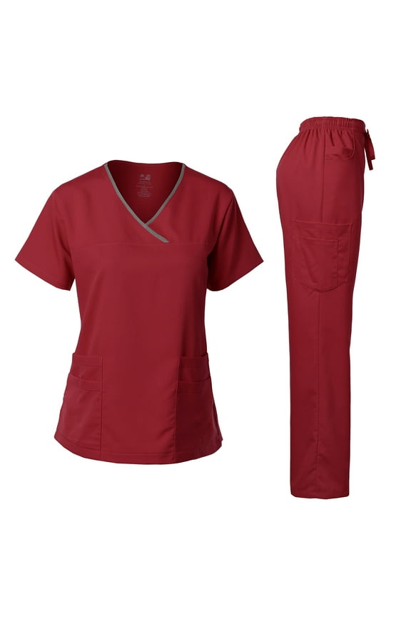 Medical Uniform Women's Scrub Set Stretch Contrast Binding Top and Pants (Burgundy, XX-Small)