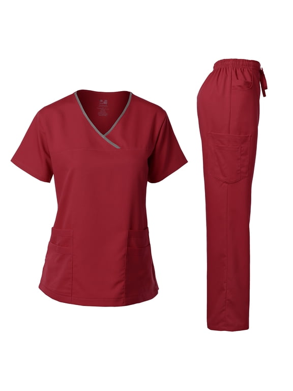 Medical Uniform Women's Scrub Set Stretch Contrast Binding Top and Pants (Burgundy, XX-Small)