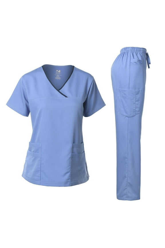 Medical Uniform Women's Scrub Set Stretch Contrast Binding Top and Pants (Ceil Blue, Medium)
