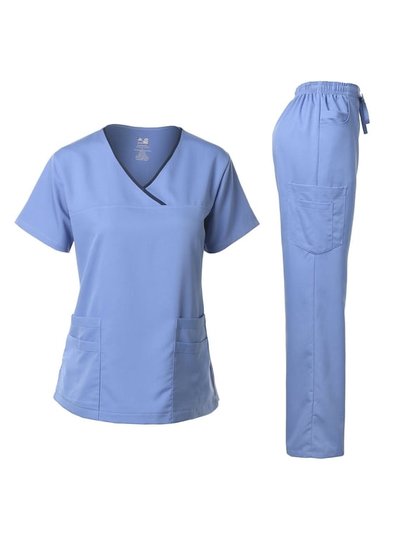 Medical Uniform Women's Scrub Set Stretch Contrast Binding Top and Pants (Ceil Blue, Medium)