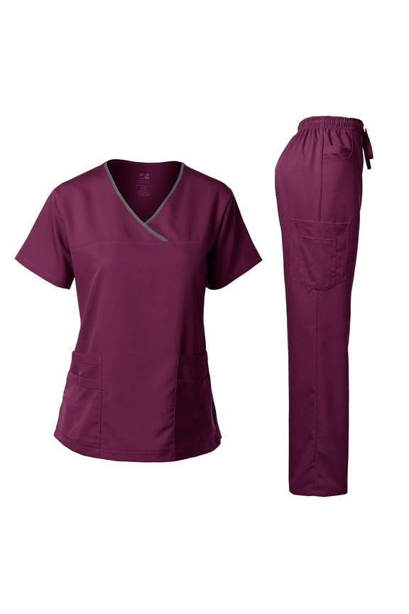 Medical Uniform Women's Scrub Set Stretch Contrast Binding Top and Pants (Egg Plant, XX-Large)