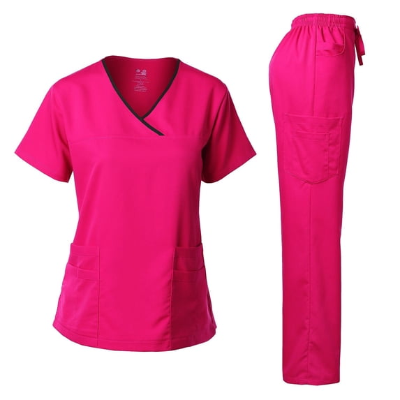 Dagacci Medical Uniform Women's Scrub Set Stretch Contrast Binding Top and Pants (Hot Pink, X-Large)