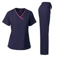 thumbnail image 1 of Dagacci Medical Uniform Women's Scrub Set Stretch Contrast Binding Top and Pants (Navy, Large), 1 of 3