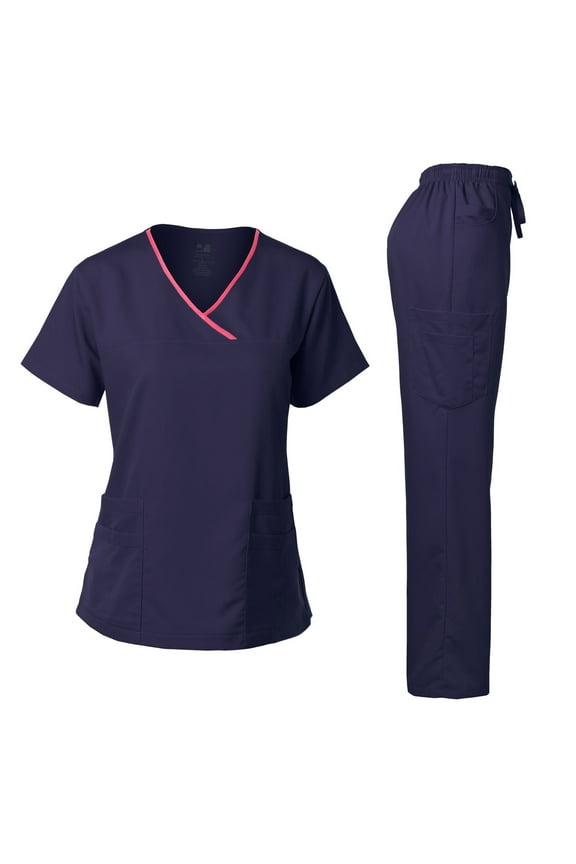 Medical Uniform Women's Scrub Set Stretch Contrast Binding Top and Pants (Navy, Large)