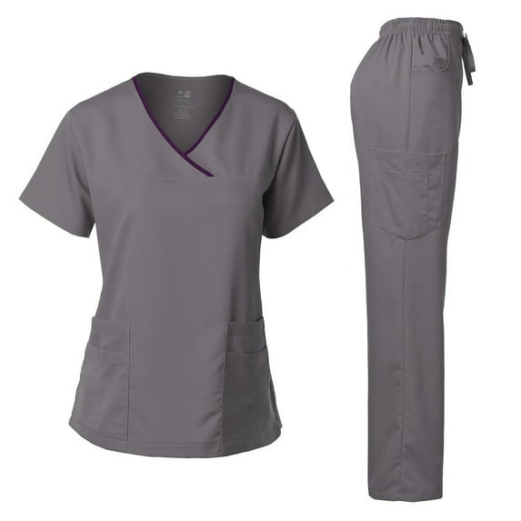 Dagacci Medical Uniform Women's Scrub Set Stretch Contrast Binding Top and Pants (Pewter Gray, Small)