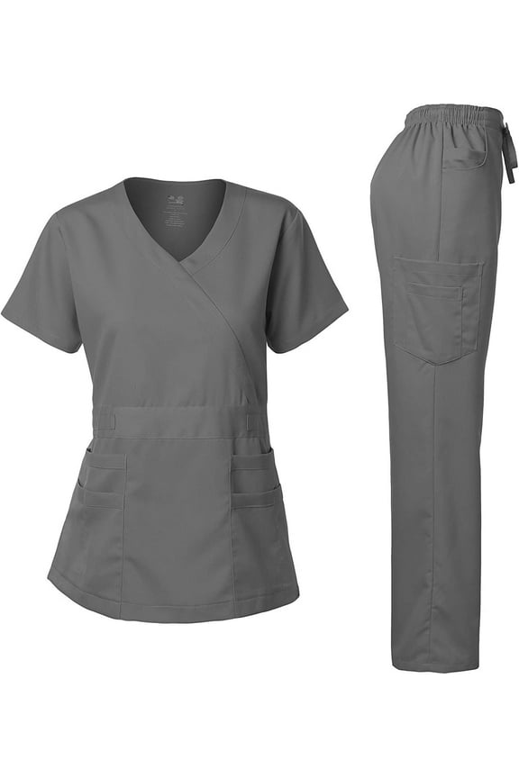 Medical Uniform Women's Scrub Set Stretch and Soft Y-Neck Top and Pants Large Pewter Gray