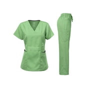 Dagacci Medical Uniform Womens Scrubs Set Stretch Ultra Soft Contrast pocket Apple Green, Large