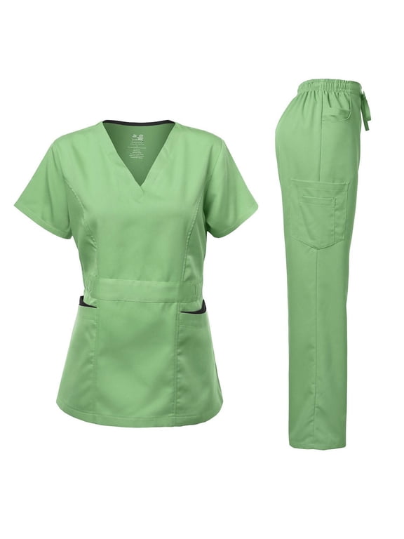 Medical Uniform Women's Scrubs Set Stretch Ultra Soft Contrast pocket (Apple Green, Large)