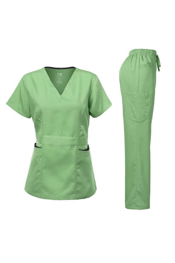 Medical Uniform Women's Scrubs Set Stretch Ultra Soft Contrast pocket (Apple Green, Medium)