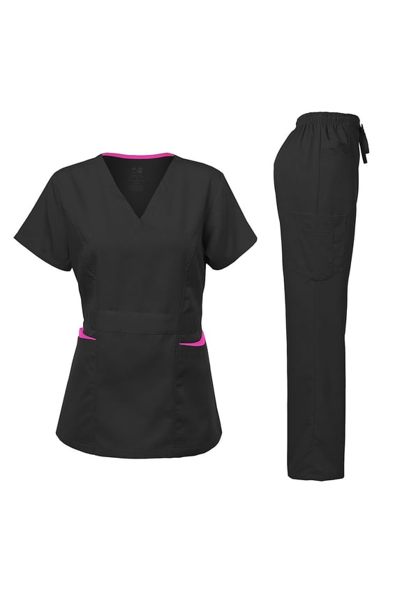 Medical Uniform Women's Scrubs Set Stretch Ultra Soft Contrast pocket (Black, 2X-Small)