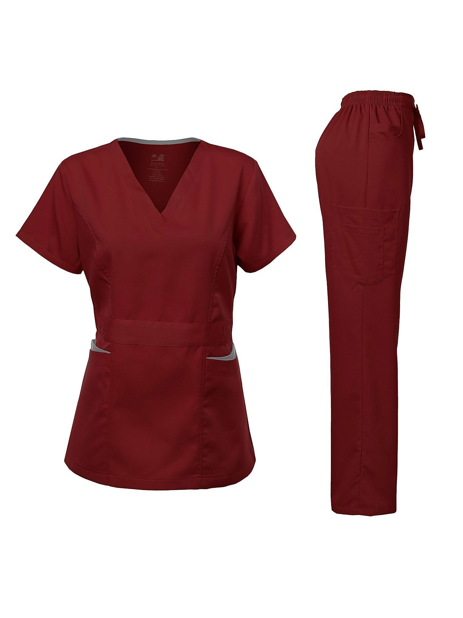 Dagacci Medical Uniform Women's Scrubs Set Stretch Ultra Soft Contrast pocket (Burgundy, X-Large)