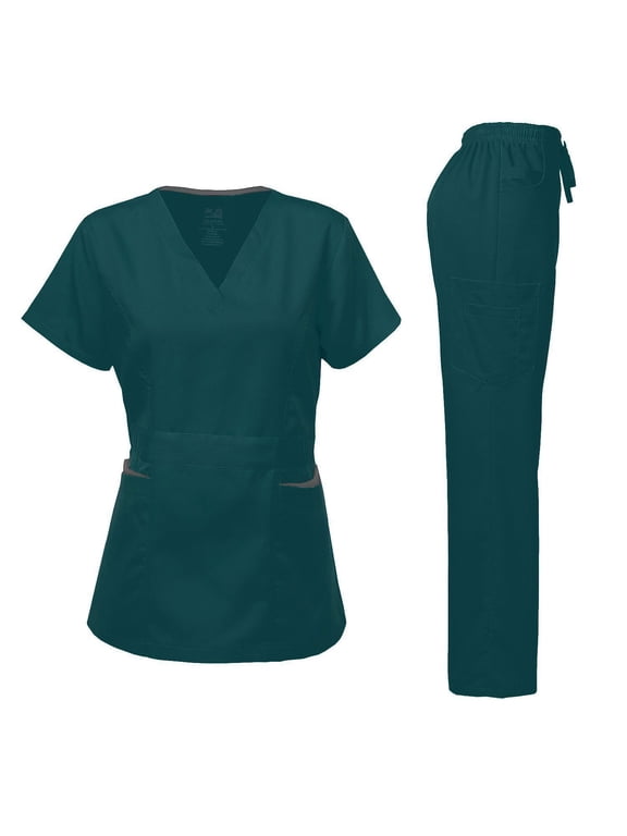 Medical Uniform Women's Scrubs Set Stretch Ultra Soft Contrast pocket (Caribbean, Large)