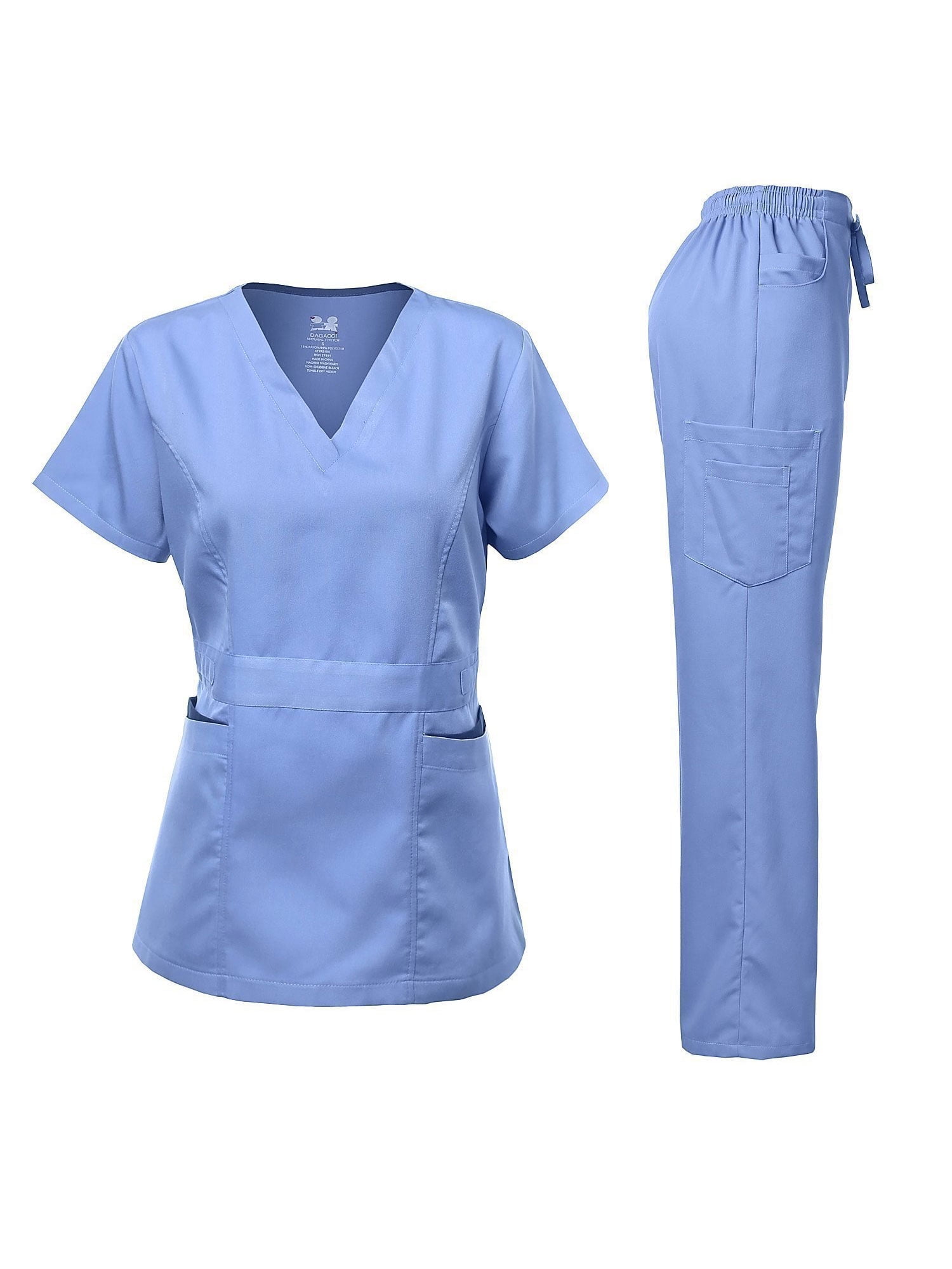Medical Uniform Women's Scrubs Set Stretch Ultra Soft Contrast pocket (CeilBlue, Large)