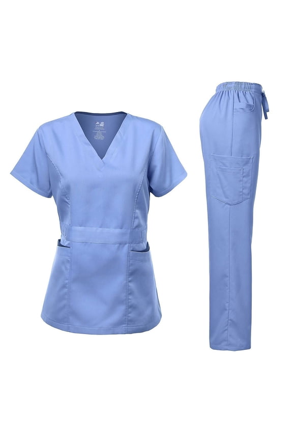 Medical Uniform Women's Scrubs Set Stretch Ultra Soft Contrast pocket (CeilBlue, X-Small)