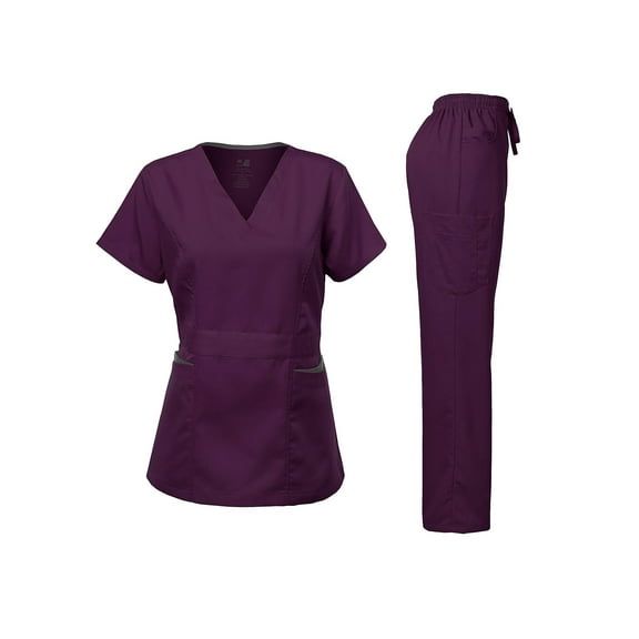 Dagacci Medical Uniform Women's Scrubs Set Stretch Ultra Soft Contrast pocket (Eggplant, Medium)