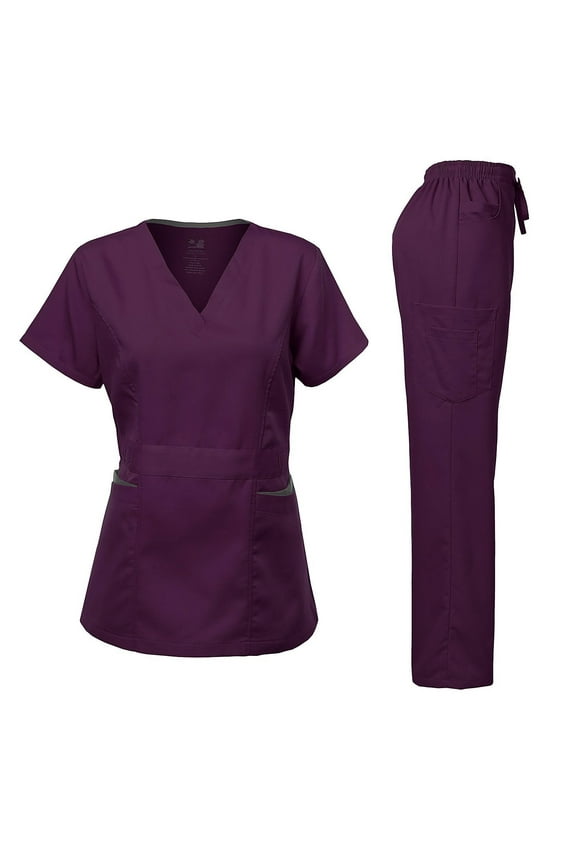 Medical Uniform Women's Scrubs Set Stretch Ultra Soft Contrast pocket (Eggplant, Medium)