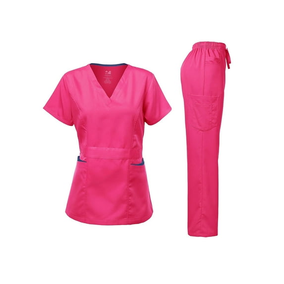 Dagacci Medical Uniform Women's Scrubs Set Stretch Ultra Soft Contrast pocket (Hot Pink, Medium)