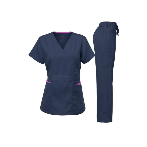 Dagacci Medical Uniform Women's Scrubs Set Stretch Ultra Soft Contrast pocket (Navy, Medium)