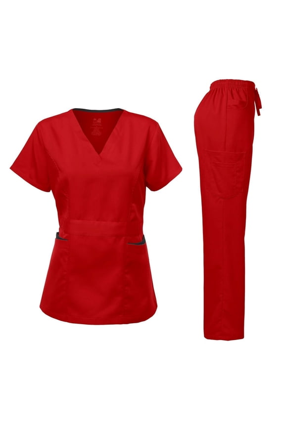 Medical Uniform Women's Scrubs Set Stretch Ultra Soft Contrast pocket (Red, 2X-Small)