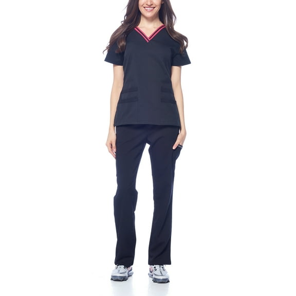 Dagacci Natural Stretch Contrast V-Neck Set (Black,XS)