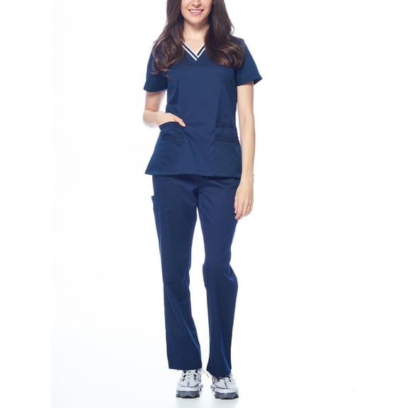 Dagacci Natural Stretch Contrast V-Neck Set (Navy,S)