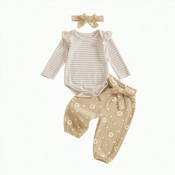 Dagaeig 0 to 3 Month Baby Girl Clothes Baby Girls Cotton Floral Clothes Long Sleeve Romper Jumpsuit Pants Outfit Set(Khaki,12-18 Months)