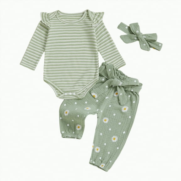 Dagaeig 0 to 3 Month Baby Girl Clothes Baby Girls Cotton Floral Clothes Long Sleeve Romper Jumpsuit Pants Outfit Set(Light Green,0-3 Months)