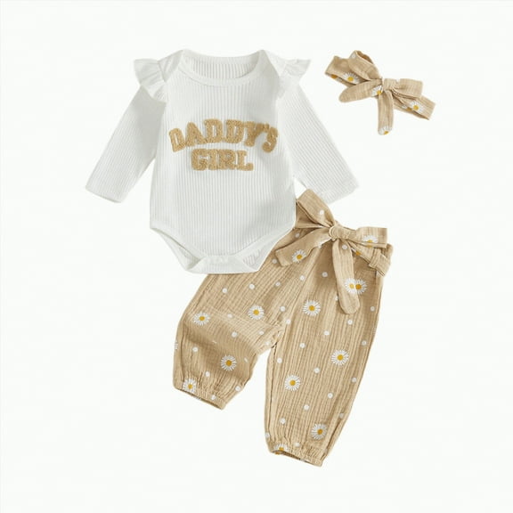 Dagaeig 18 Month Babygirl Clothes Baby Girls Cotton Floral Clothes Long Sleeve Romper Jumpsuit Pants Outfit Set(Khaki,18-24 Months)