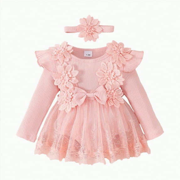 Dagaeig Baby Dresses Lace Romper Dress Short Sleeve Ruffle Mesh Tutu Dress 0 3 6 12 18 Months Cute Jumpsuits with Headband(Light Pink,9-12 Months)