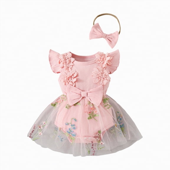 Dagaeig Baby Dresses Newborn Lace Romper Dress Short Sleeve Ruffle Mesh Tutu Dress 0 3 6 12 18 Months Cute Jumpsuits with Headband(Pink,9-12 Months)