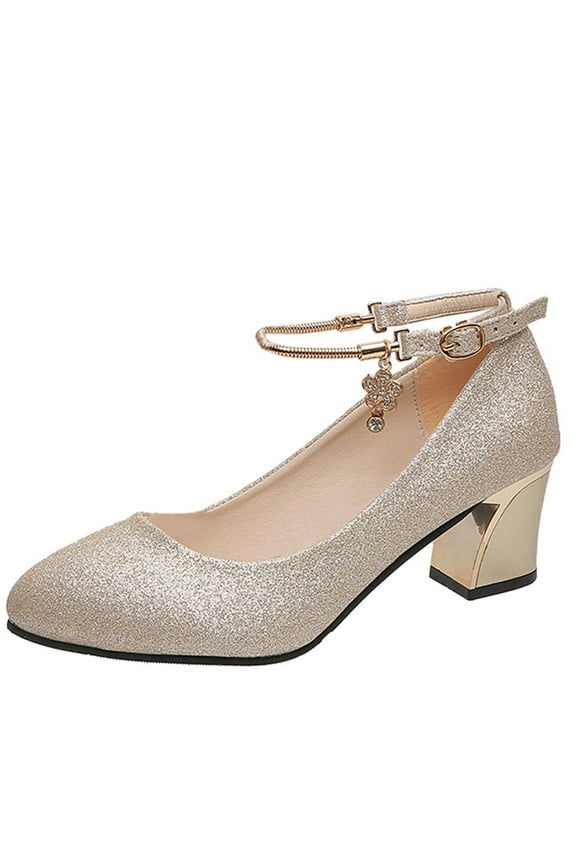 Black Heels Women Pointed Toe Low Chunky Heels Closed Toe Ankle Strap Dress Pump Shoes for Women Gold 9