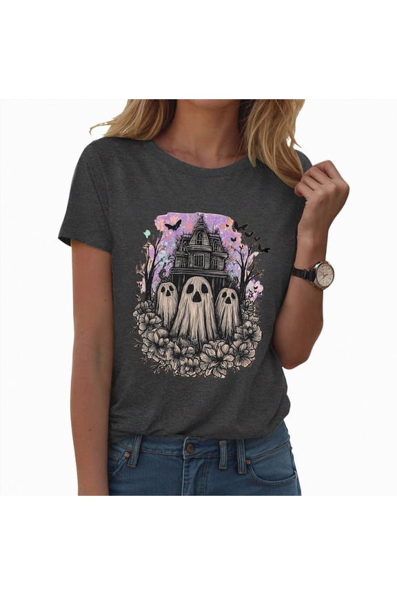 Halloween Shirt Womens Halloween Ghost T Shirt Women Funny Pumpkin Printed Cute T Shirts Retro Tees Long Sleeve Fall Season Tees|Grey XXXL