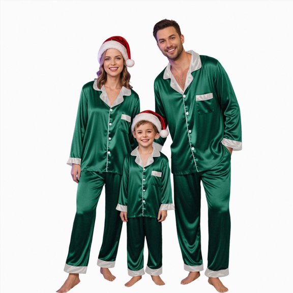 Dagaeig Matching Christmas Pajamas - 2025 Silk Satin Button Down Sleepwear, Long Sleeve Loungewear(Green,2XL)