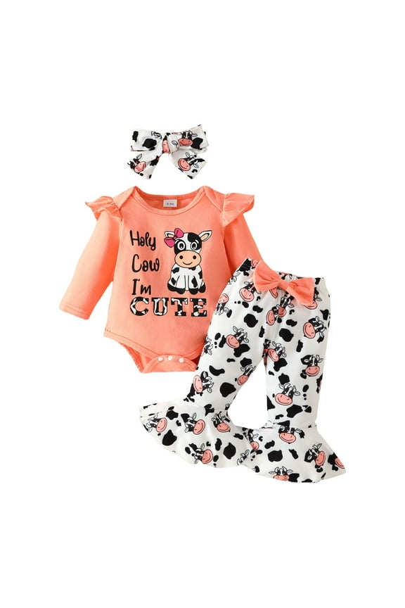 Baby Girls Cotton Clothes Long Sleeve Romper Jumpsuit Pants Outfit Set(Orange,3-6 Months)