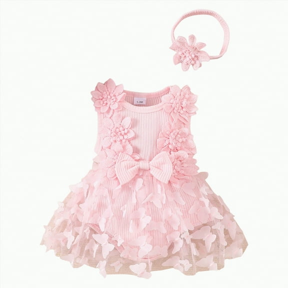 Dagaeig White Dress for Baby Girl Tulle Birthday Party Princess Dress Long Sleeve Lace Flower Tutu Romper Dress Newborn Fall Clothes(Pink,6-9 Months)