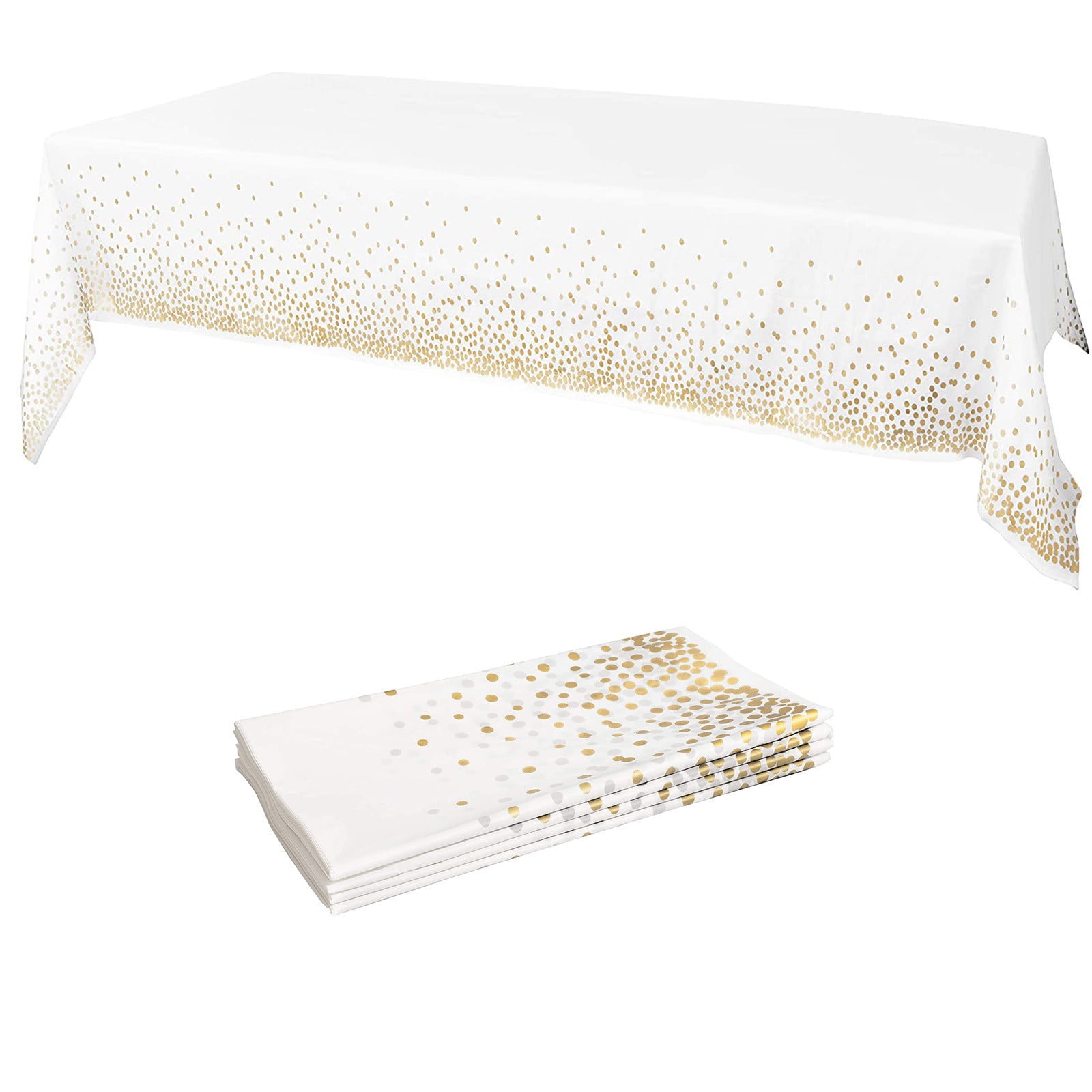 Elegant White and Gold Dot Plastic Rectangular Tablecloths, 4-Pack
