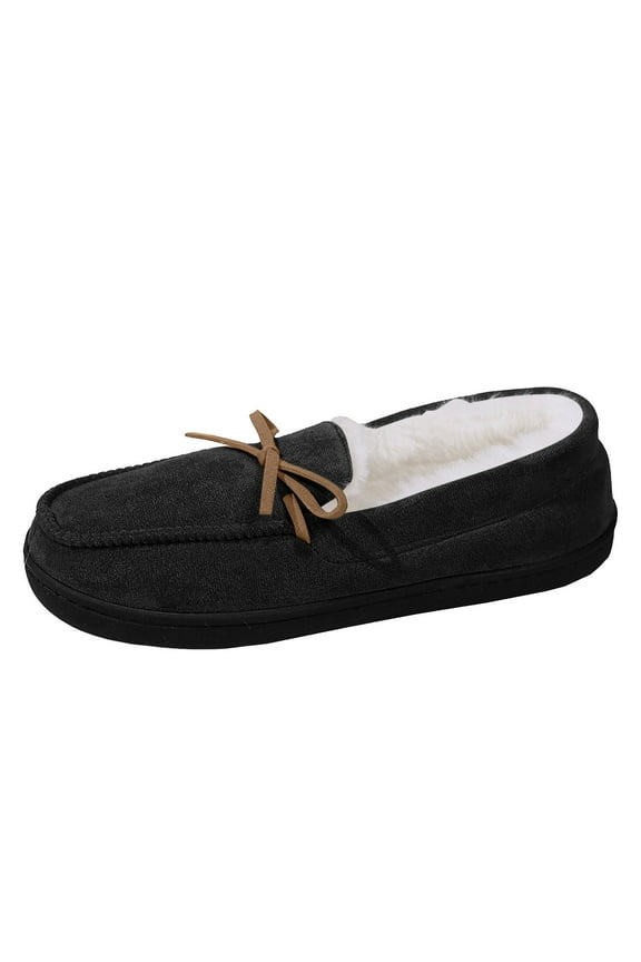 Women's House Slippers Indoor Outdoor Moccasin Fuzzy Fluffy Furry Loafers Suede Warm Shoes Flock(Black,8.5)