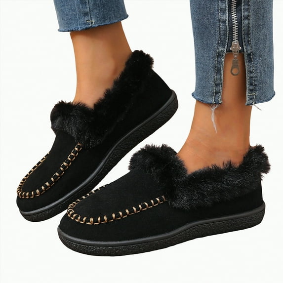 Dagaeig Women's House Slippers Indoor Outdoor Moccasin Fuzzy Fluffy Furry Loafers Suede Warm Shoes Flock(C-Black,7.5)