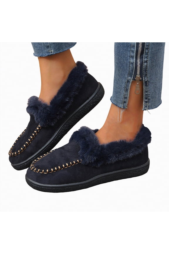 Women's House Slippers Indoor Outdoor Moccasin Fuzzy Fluffy Furry Loafers Suede Warm Shoes Flock(C-Navy,7.5)